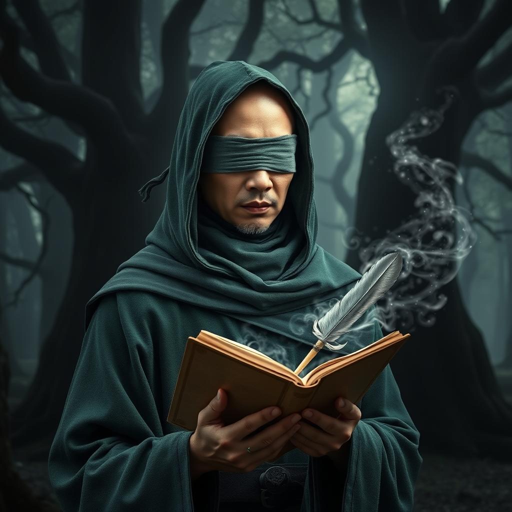 A male Asian adult wizard with a bald head, wearing a green hood and a cloth blindfold without holes