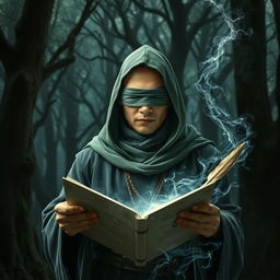 A male Asian adult wizard with a bald head, wearing a green hood and a cloth blindfold without holes