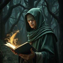 A male Asian adult wizard with a bald head, wearing a green hood and a cloth blindfold without holes