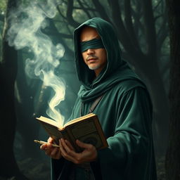 A male Asian adult wizard with a bald head, wearing a green hood and a cloth blindfold without holes