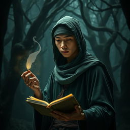A male Asian young adult wizard with a bald head, wearing a green hood and a cloth blindfold without holes