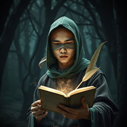 A male Asian young adult wizard with a bald head, wearing a green hood and a cloth blindfold without holes