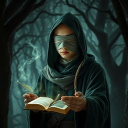 A male Asian young adult wizard with a bald head, wearing a green hood and a cloth blindfold without holes