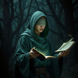A male Asian young adult wizard with a bald head, wearing a green hood and a cloth blindfold without holes