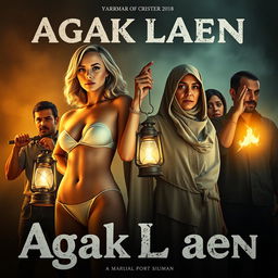 A movie poster for "Agak Laen," featuring two beautiful, white-skinned women