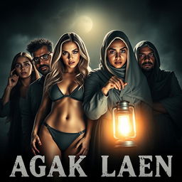 A movie poster for "Agak Laen," featuring two beautiful, white-skinned women