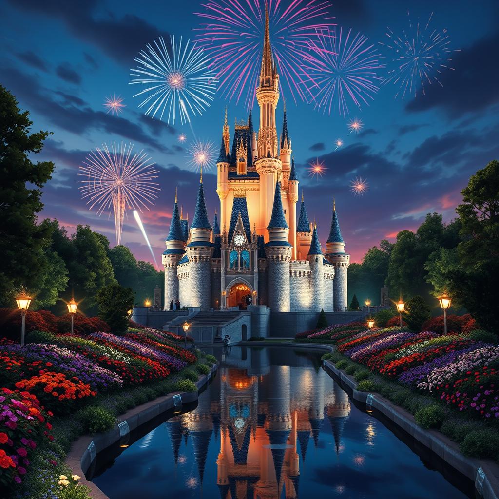 A magical depiction of the Disney 100 castle, majestically standing in a fairytale setting