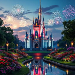 A magical depiction of the Disney 100 castle, majestically standing in a fairytale setting