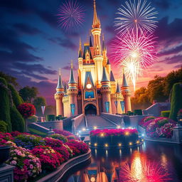 A magical depiction of the Disney 100 castle, majestically standing in a fairytale setting