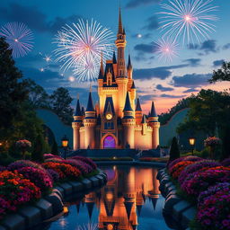 A magical depiction of the Disney 100 castle, majestically standing in a fairytale setting