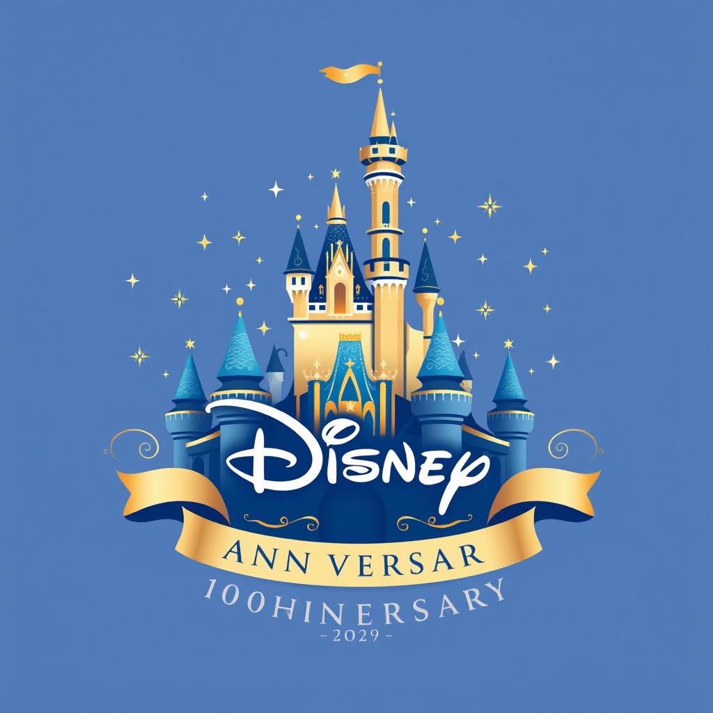 An elegant and whimsical logo design for Disney's 100th anniversary, featuring a stylized depiction of the iconic Disney castle