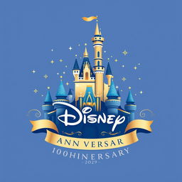 An elegant and whimsical logo design for Disney's 100th anniversary, featuring a stylized depiction of the iconic Disney castle