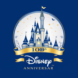 An elegant and whimsical logo design for Disney's 100th anniversary, featuring a stylized depiction of the iconic Disney castle