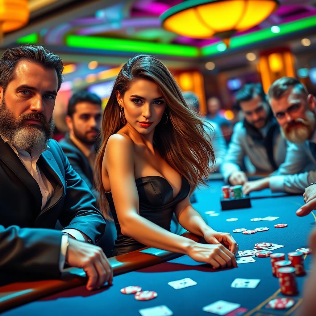 A sexy woman with long, flowing hair, wearing a sleek, elegant dress, confidently playing at a casino table surrounded by several handsome men with distinct beards