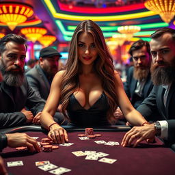 A sexy woman with long, flowing hair, wearing a sleek, elegant dress, confidently playing at a casino table surrounded by several handsome men with distinct beards