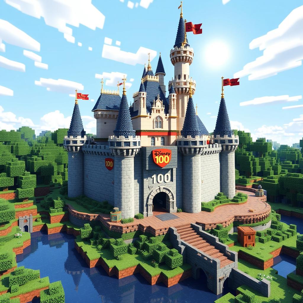 A Minecraft version of the Disney 100 castle, constructed with blocks in a pixel art style