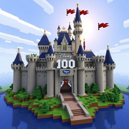 A Minecraft version of the Disney 100 castle, constructed with blocks in a pixel art style