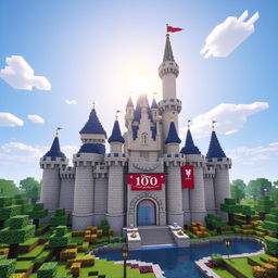 A Minecraft version of the Disney 100 castle, constructed with blocks in a pixel art style