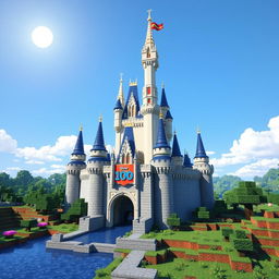 A Minecraft version of the Disney 100 castle, constructed with blocks in a pixel art style