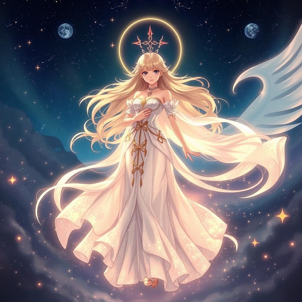 A depiction of a goddess-like character inspired by Saori Kido from the anime "Cavaleiros do Zodíaco," set in a mystical and celestial environment