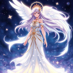 A depiction of a goddess-like character inspired by Saori Kido from the anime "Cavaleiros do Zodíaco," set in a mystical and celestial environment