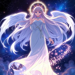 A depiction of a goddess-like character inspired by Saori Kido from the anime "Cavaleiros do Zodíaco," set in a mystical and celestial environment