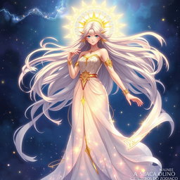 A depiction of a goddess-like character inspired by Saori Kido from the anime "Cavaleiros do Zodíaco," set in a mystical and celestial environment