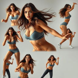 A series of realistic and dynamic images of a sexy, attractive woman playing, depicted from various angles