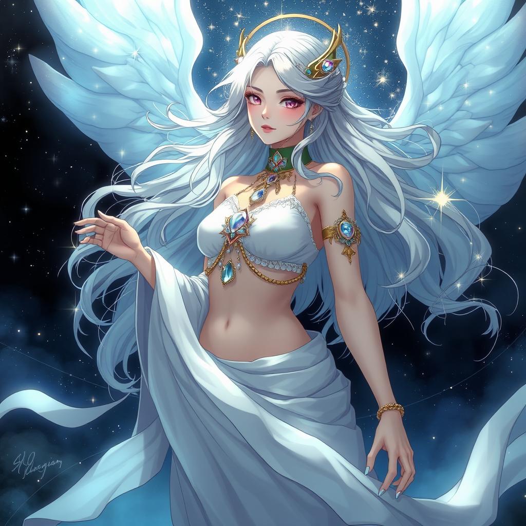 A depiction of a goddess-like character inspired by Saori Kido from the anime "Cavaleiros do Zodíaco," set in a mystical and celestial environment