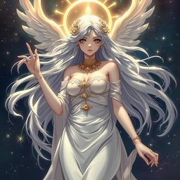 A depiction of a goddess-like character inspired by Saori Kido from the anime "Cavaleiros do Zodíaco," set in a mystical and celestial environment