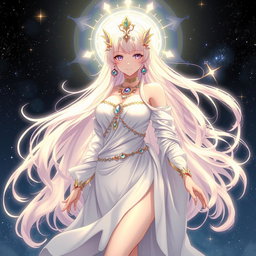 A depiction of a goddess-like character inspired by Saori Kido from the anime "Cavaleiros do Zodíaco," set in a mystical and celestial environment