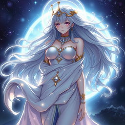 A depiction of a goddess-like character inspired by Saori Kido from the anime "Cavaleiros do Zodíaco," set in a mystical and celestial environment