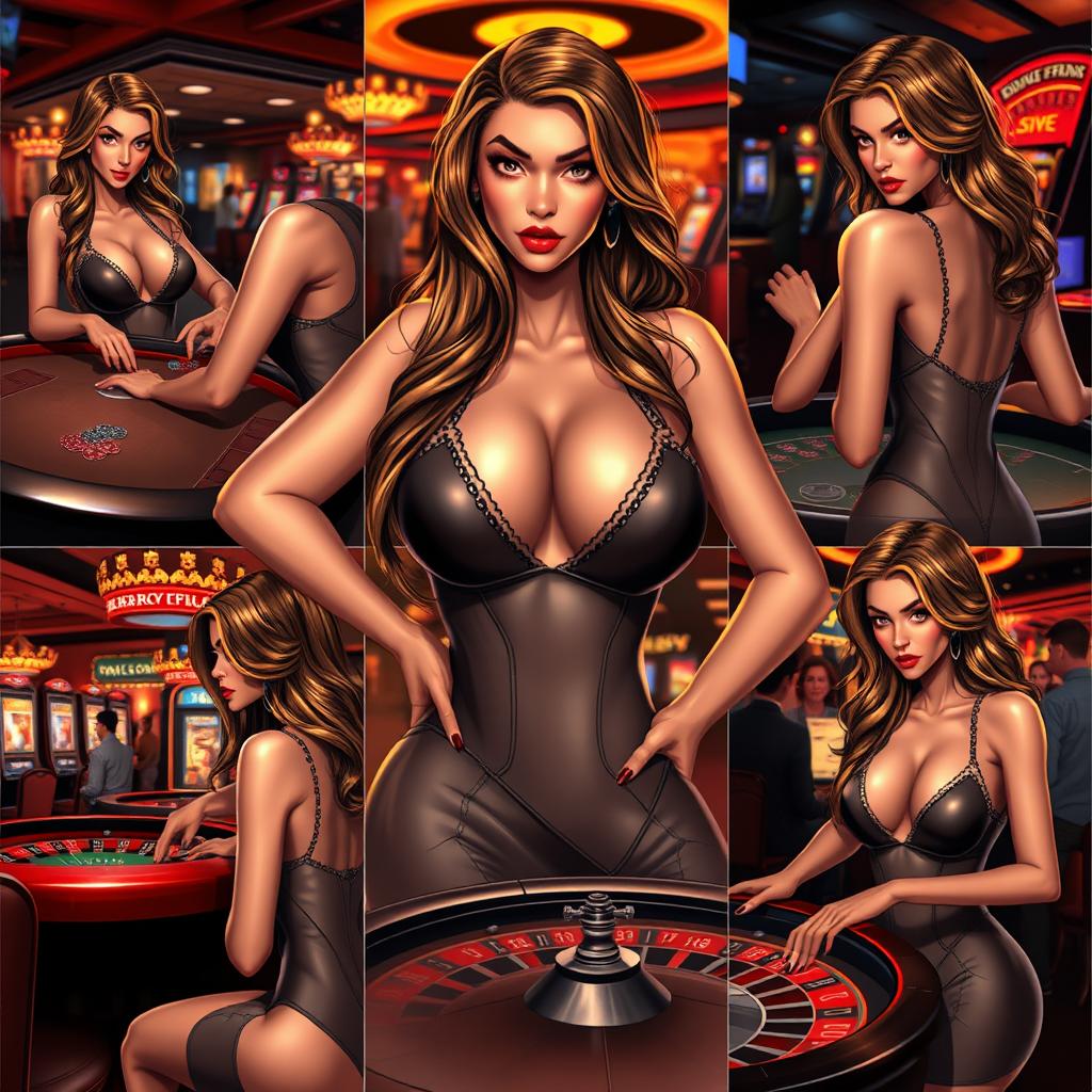 A series of realistic and dynamic images of a sexy, attractive woman playing in a casino, depicted from various angles