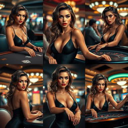 A series of realistic and dynamic images of a sexy, attractive woman playing in a casino, depicted from various angles