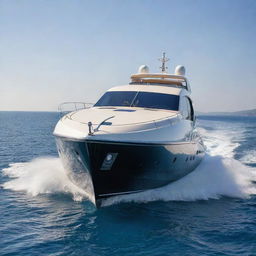 A luxurious and grand speed yacht that incorporates the classic design, regal elegance, and iconic logo of a Rolls-Royce vehicle