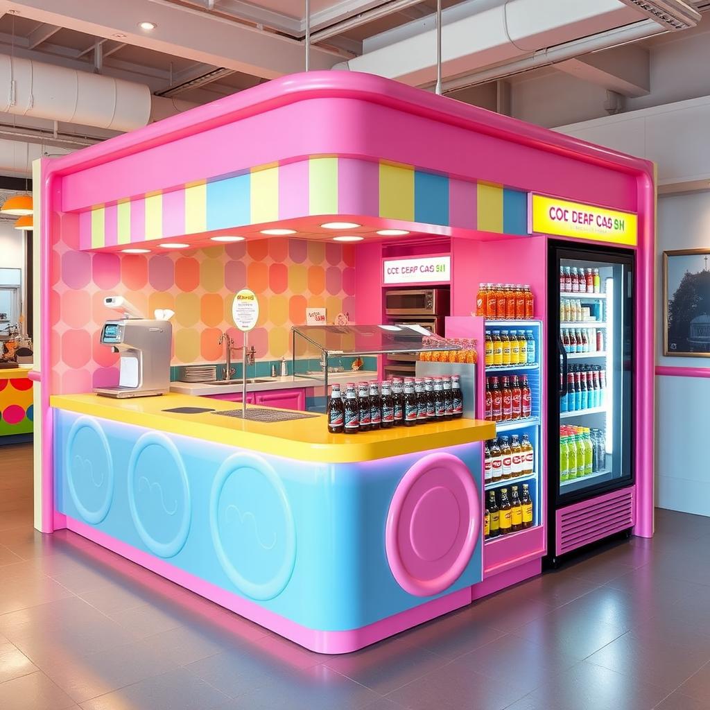 A vibrant and colorful ice cream parlor island within a commercial space, measuring 3x3 meters