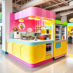 A vibrant and colorful ice cream parlor island within a commercial space, measuring 3x3 meters