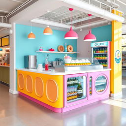 A vibrant and colorful ice cream parlor island within a commercial space, measuring 3x3 meters