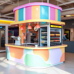 A vibrant and colorful ice cream parlor island within a commercial space, measuring 3x3 meters