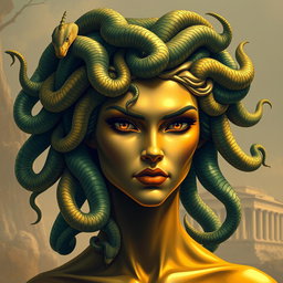 A captivating and mythical depiction of Medusa, with her head adorned with intertwining serpents
