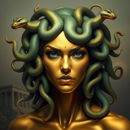 A captivating and mythical depiction of Medusa, with her head adorned with intertwining serpents