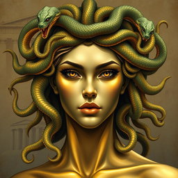 A captivating and mythical depiction of Medusa, with her head adorned with intertwining serpents