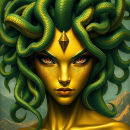 A striking representation of Medusa, with intricate serpent hair predominantly showcasing vibrant greens and shimmering golds