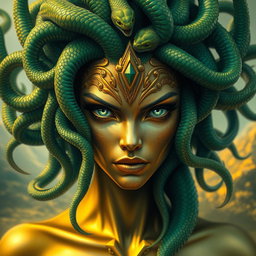 A striking representation of Medusa, with intricate serpent hair predominantly showcasing vibrant greens and shimmering golds