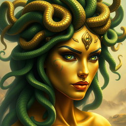 A striking representation of Medusa, with intricate serpent hair predominantly showcasing vibrant greens and shimmering golds