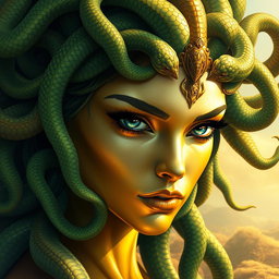 A striking representation of Medusa, with intricate serpent hair predominantly showcasing vibrant greens and shimmering golds