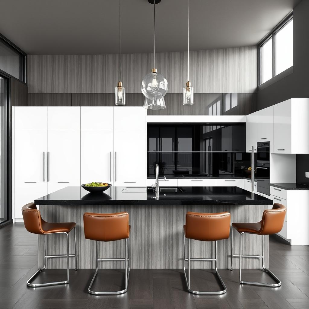 A modern kitchen interior featuring an elegant kitchen island with pelikano wood paneling in a smoky gray color