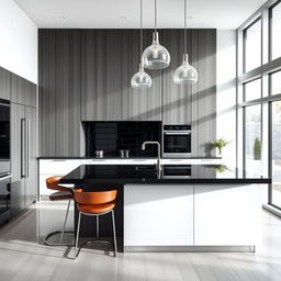 A modern kitchen interior featuring an elegant kitchen island with pelikano wood paneling in a smoky gray color