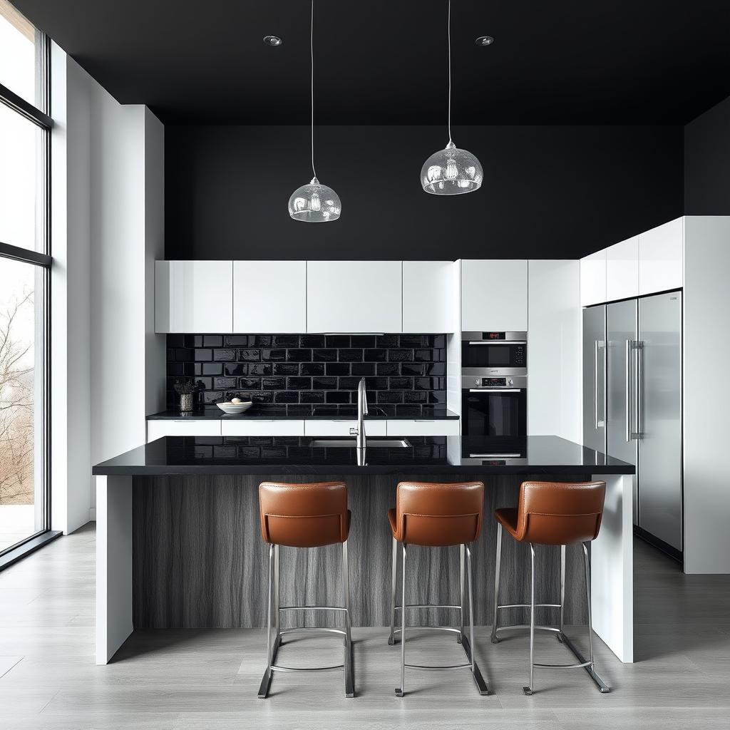 A modern kitchen interior featuring an elegant kitchen island with pelikano wood paneling in a smoky gray color