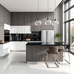 A modern kitchen interior featuring an elegant kitchen island with pelikano wood paneling in a smoky gray color